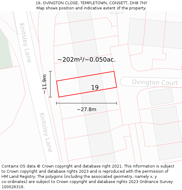 19, OVINGTON CLOSE, TEMPLETOWN, CONSETT, DH8 7NY: Plot and title map