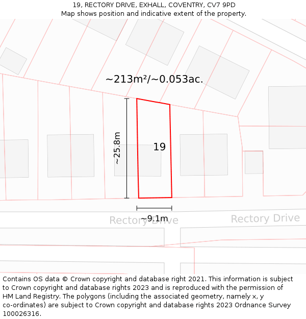 19, RECTORY DRIVE, EXHALL, COVENTRY, CV7 9PD: Plot and title map