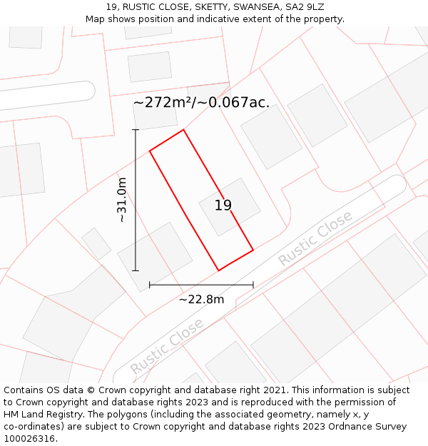 19, RUSTIC CLOSE, SKETTY, SWANSEA, SA2 9LZ: Plot and title map