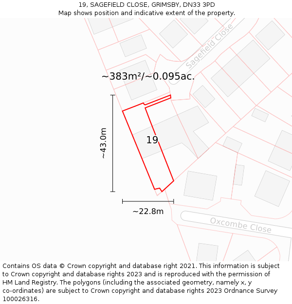 19, SAGEFIELD CLOSE, GRIMSBY, DN33 3PD: Plot and title map