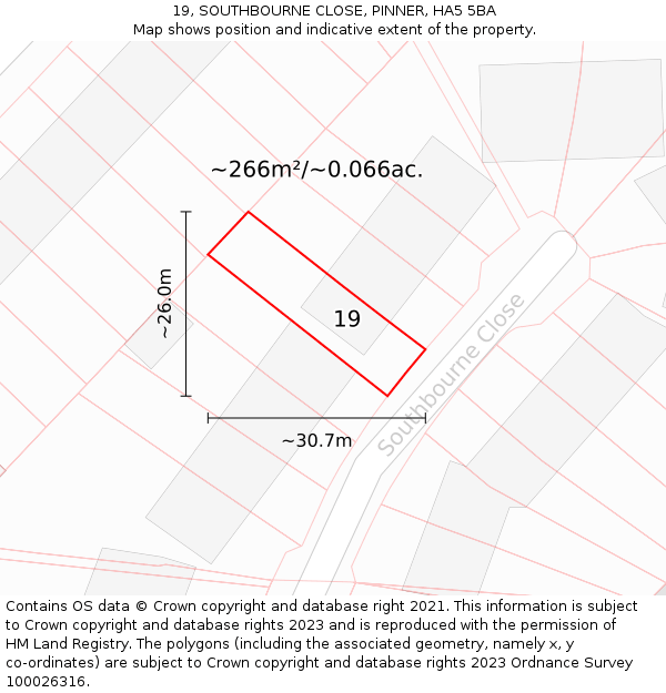 19, SOUTHBOURNE CLOSE, PINNER, HA5 5BA: Plot and title map