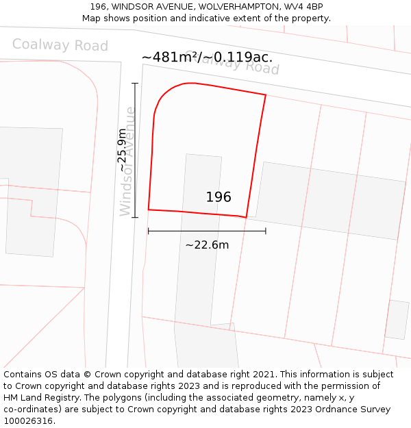196, WINDSOR AVENUE, WOLVERHAMPTON, WV4 4BP: Plot and title map