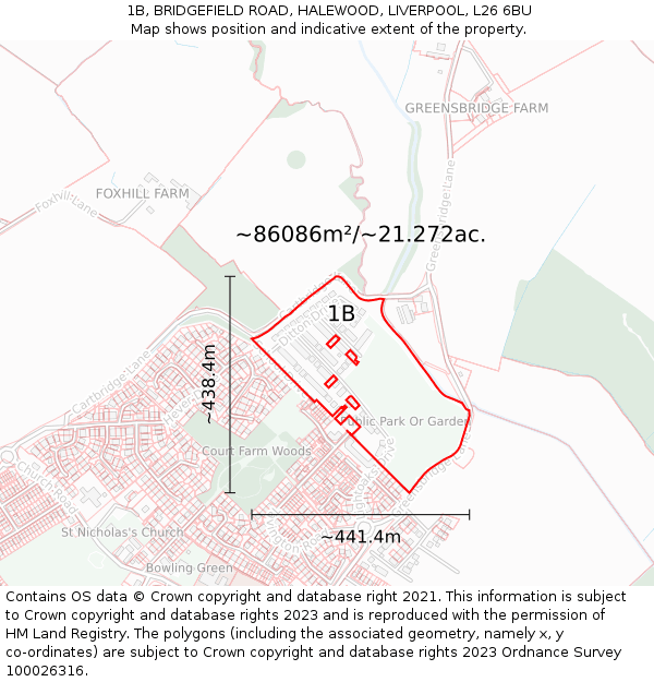 1B, BRIDGEFIELD ROAD, HALEWOOD, LIVERPOOL, L26 6BU: Plot and title map
