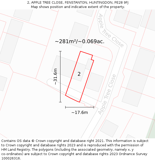 2, APPLE TREE CLOSE, FENSTANTON, HUNTINGDON, PE28 9FJ: Plot and title map