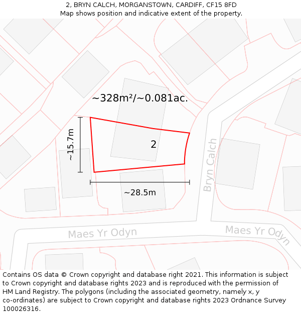 2, BRYN CALCH, MORGANSTOWN, CARDIFF, CF15 8FD: Plot and title map
