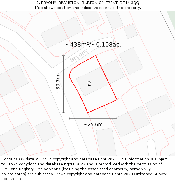 2, BRYONY, BRANSTON, BURTON-ON-TRENT, DE14 3QQ: Plot and title map