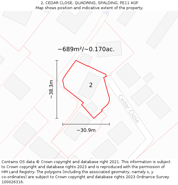 2, CEDAR CLOSE, QUADRING, SPALDING, PE11 4GP: Plot and title map