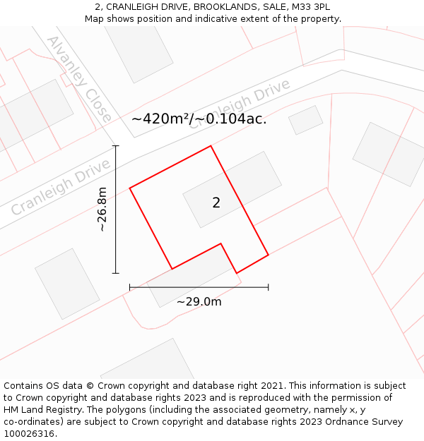 2, CRANLEIGH DRIVE, BROOKLANDS, SALE, M33 3PL: Plot and title map