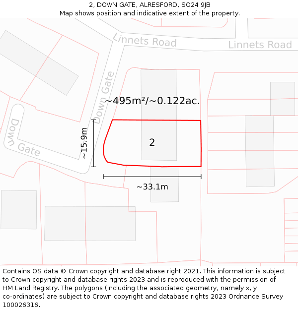 2, DOWN GATE, ALRESFORD, SO24 9JB: Plot and title map