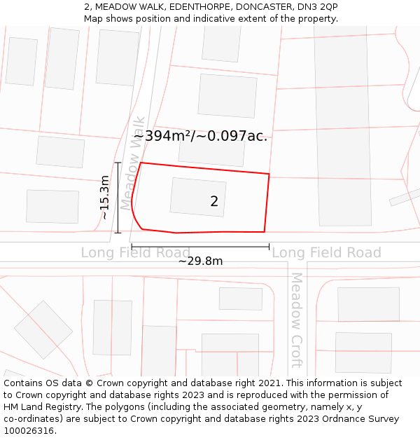2, MEADOW WALK, EDENTHORPE, DONCASTER, DN3 2QP: Plot and title map