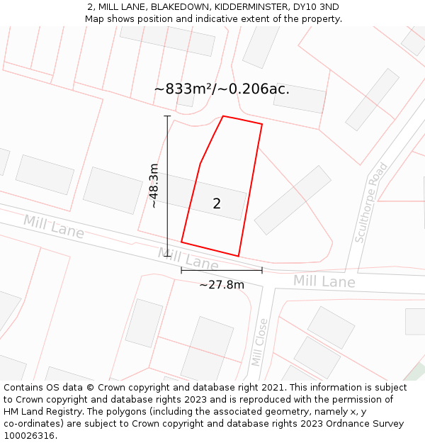 2, MILL LANE, BLAKEDOWN, KIDDERMINSTER, DY10 3ND: Plot and title map