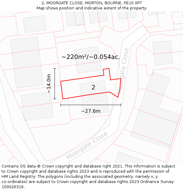 2, MOORGATE CLOSE, MORTON, BOURNE, PE10 0PT: Plot and title map