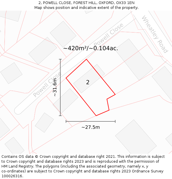 2, POWELL CLOSE, FOREST HILL, OXFORD, OX33 1EN: Plot and title map