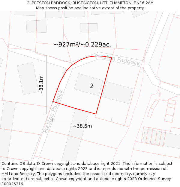 2, PRESTON PADDOCK, RUSTINGTON, LITTLEHAMPTON, BN16 2AA: Plot and title map