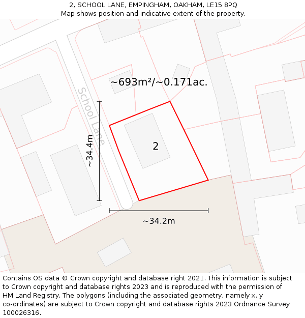2, SCHOOL LANE, EMPINGHAM, OAKHAM, LE15 8PQ: Plot and title map