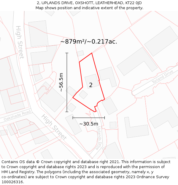 2, UPLANDS DRIVE, OXSHOTT, LEATHERHEAD, KT22 0JD: Plot and title map