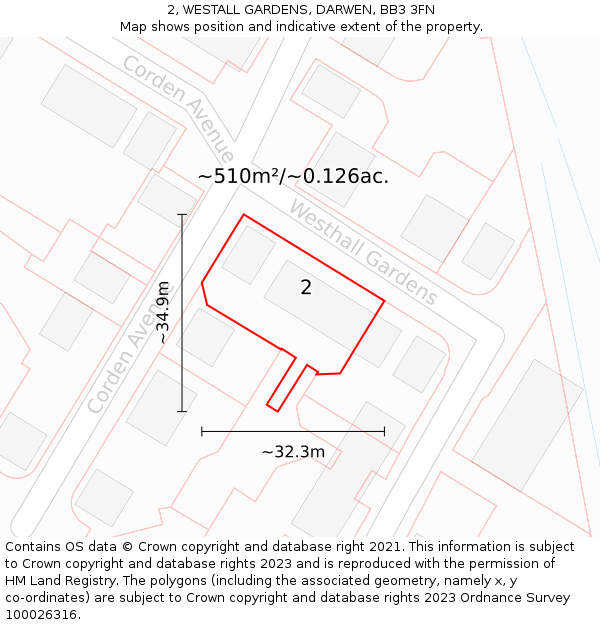 2, WESTALL GARDENS, DARWEN, BB3 3FN: Plot and title map
