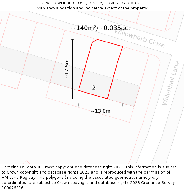 2, WILLOWHERB CLOSE, BINLEY, COVENTRY, CV3 2LF: Plot and title map
