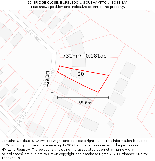 20, BRIDGE CLOSE, BURSLEDON, SOUTHAMPTON, SO31 8AN: Plot and title map