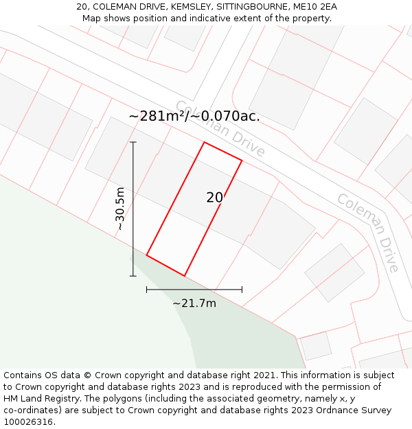 20, COLEMAN DRIVE, KEMSLEY, SITTINGBOURNE, ME10 2EA: Plot and title map