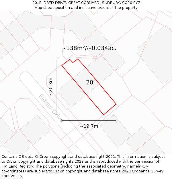 20, ELDRED DRIVE, GREAT CORNARD, SUDBURY, CO10 0YZ: Plot and title map