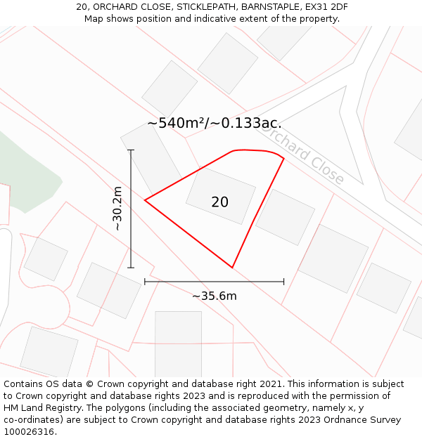 20, ORCHARD CLOSE, STICKLEPATH, BARNSTAPLE, EX31 2DF: Plot and title map