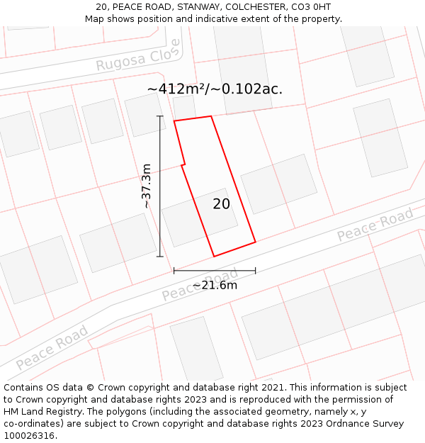 20, PEACE ROAD, STANWAY, COLCHESTER, CO3 0HT: Plot and title map