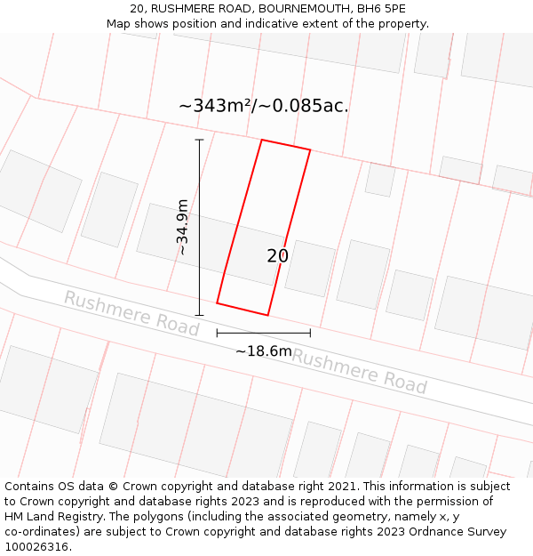 20, RUSHMERE ROAD, BOURNEMOUTH, BH6 5PE: Plot and title map