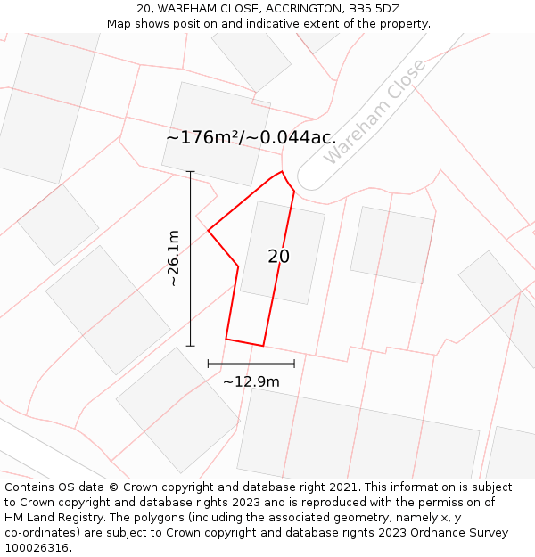 20, WAREHAM CLOSE, ACCRINGTON, BB5 5DZ: Plot and title map