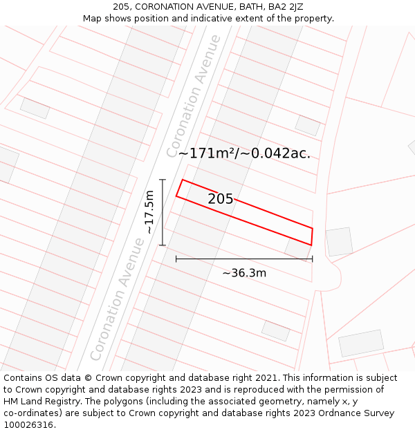 205, CORONATION AVENUE, BATH, BA2 2JZ: Plot and title map