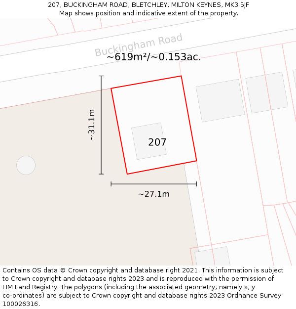 207, BUCKINGHAM ROAD, BLETCHLEY, MILTON KEYNES, MK3 5JF: Plot and title map