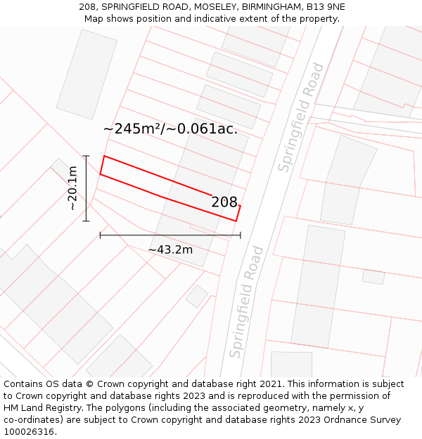 208, SPRINGFIELD ROAD, MOSELEY, BIRMINGHAM, B13 9NE: Plot and title map