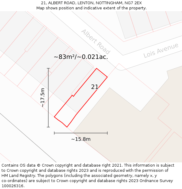21, ALBERT ROAD, LENTON, NOTTINGHAM, NG7 2EX: Plot and title map