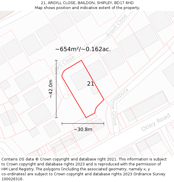 21, ARGYLL CLOSE, BAILDON, SHIPLEY, BD17 6HD: Plot and title map