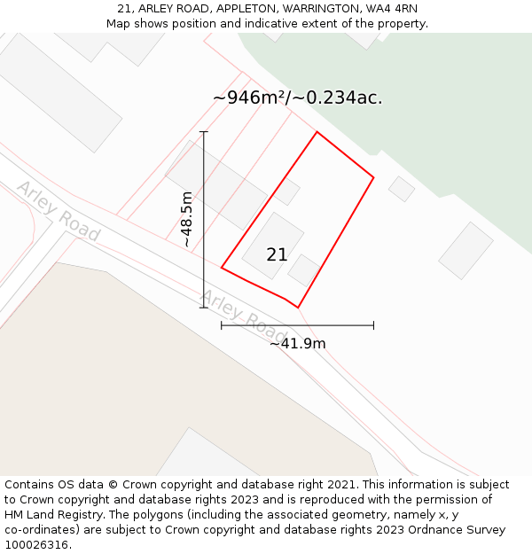 21, ARLEY ROAD, APPLETON, WARRINGTON, WA4 4RN: Plot and title map