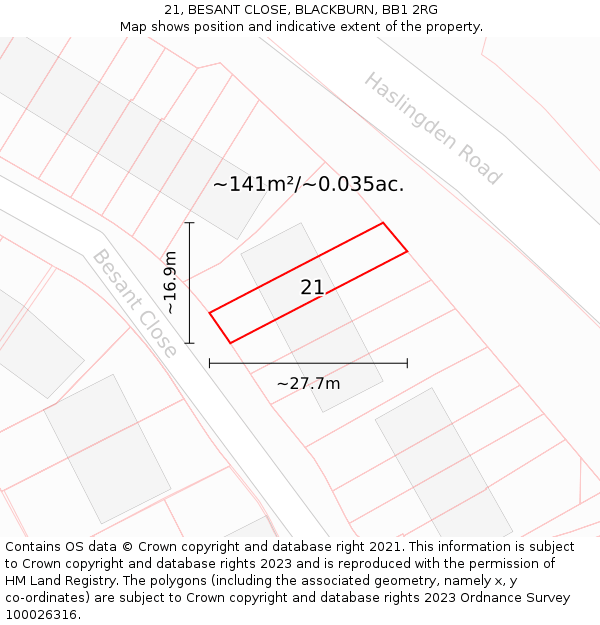 21, BESANT CLOSE, BLACKBURN, BB1 2RG: Plot and title map
