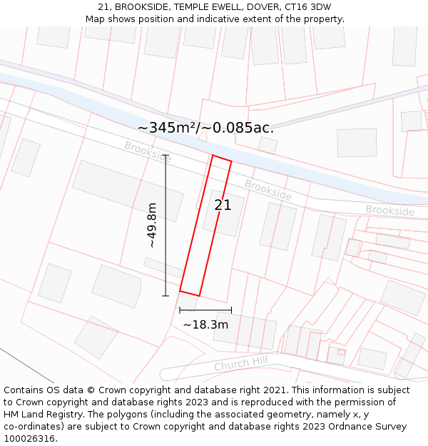 21, BROOKSIDE, TEMPLE EWELL, DOVER, CT16 3DW: Plot and title map