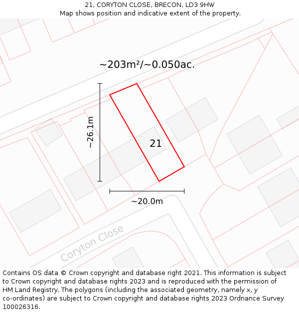 21, CORYTON CLOSE, BRECON, LD3 9HW: Plot and title map