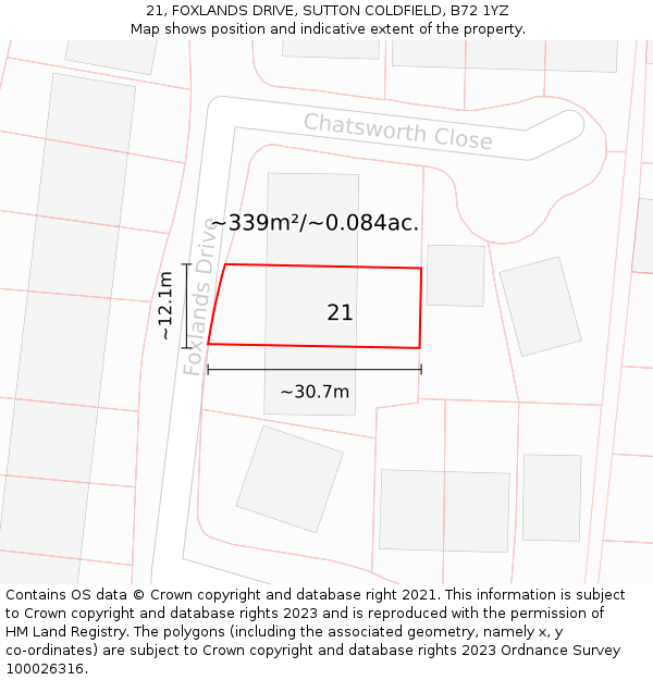 21, FOXLANDS DRIVE, SUTTON COLDFIELD, B72 1YZ: Plot and title map