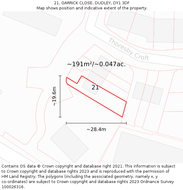 21, GARRICK CLOSE, DUDLEY, DY1 3DF: Plot and title map