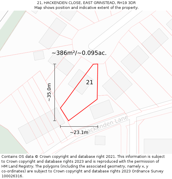 21, HACKENDEN CLOSE, EAST GRINSTEAD, RH19 3DR: Plot and title map