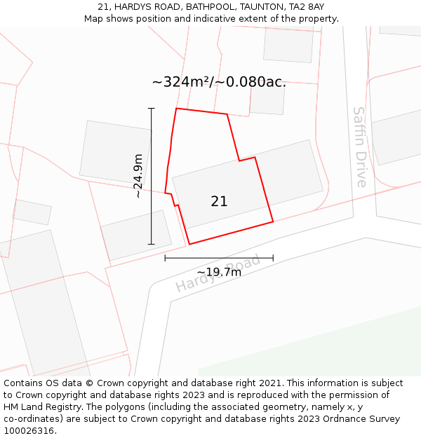 21, HARDYS ROAD, BATHPOOL, TAUNTON, TA2 8AY: Plot and title map