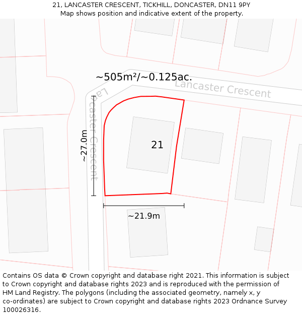 21, LANCASTER CRESCENT, TICKHILL, DONCASTER, DN11 9PY: Plot and title map
