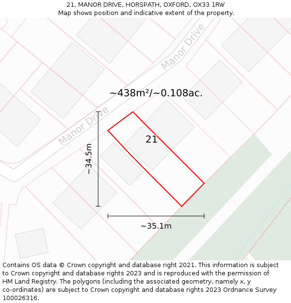 21, MANOR DRIVE, HORSPATH, OXFORD, OX33 1RW: Plot and title map