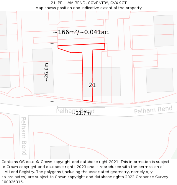 21, PELHAM BEND, COVENTRY, CV4 9GT: Plot and title map