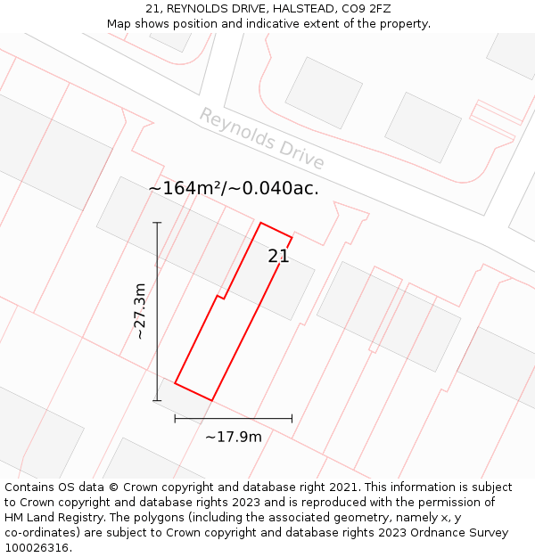 21, REYNOLDS DRIVE, HALSTEAD, CO9 2FZ: Plot and title map