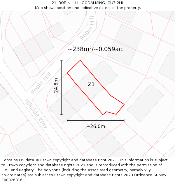 21, ROBIN HILL, GODALMING, GU7 2HL: Plot and title map