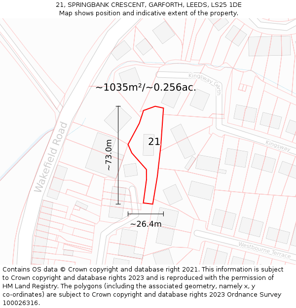 21, SPRINGBANK CRESCENT, GARFORTH, LEEDS, LS25 1DE: Plot and title map