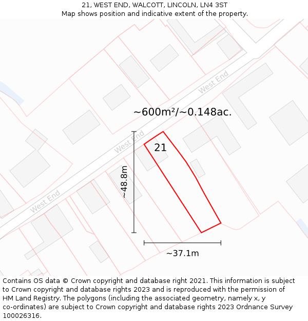 21, WEST END, WALCOTT, LINCOLN, LN4 3ST: Plot and title map