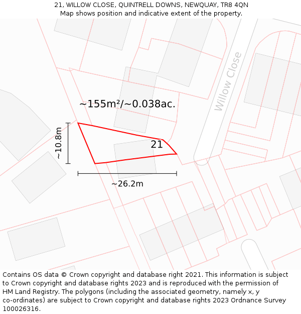 21, WILLOW CLOSE, QUINTRELL DOWNS, NEWQUAY, TR8 4QN: Plot and title map